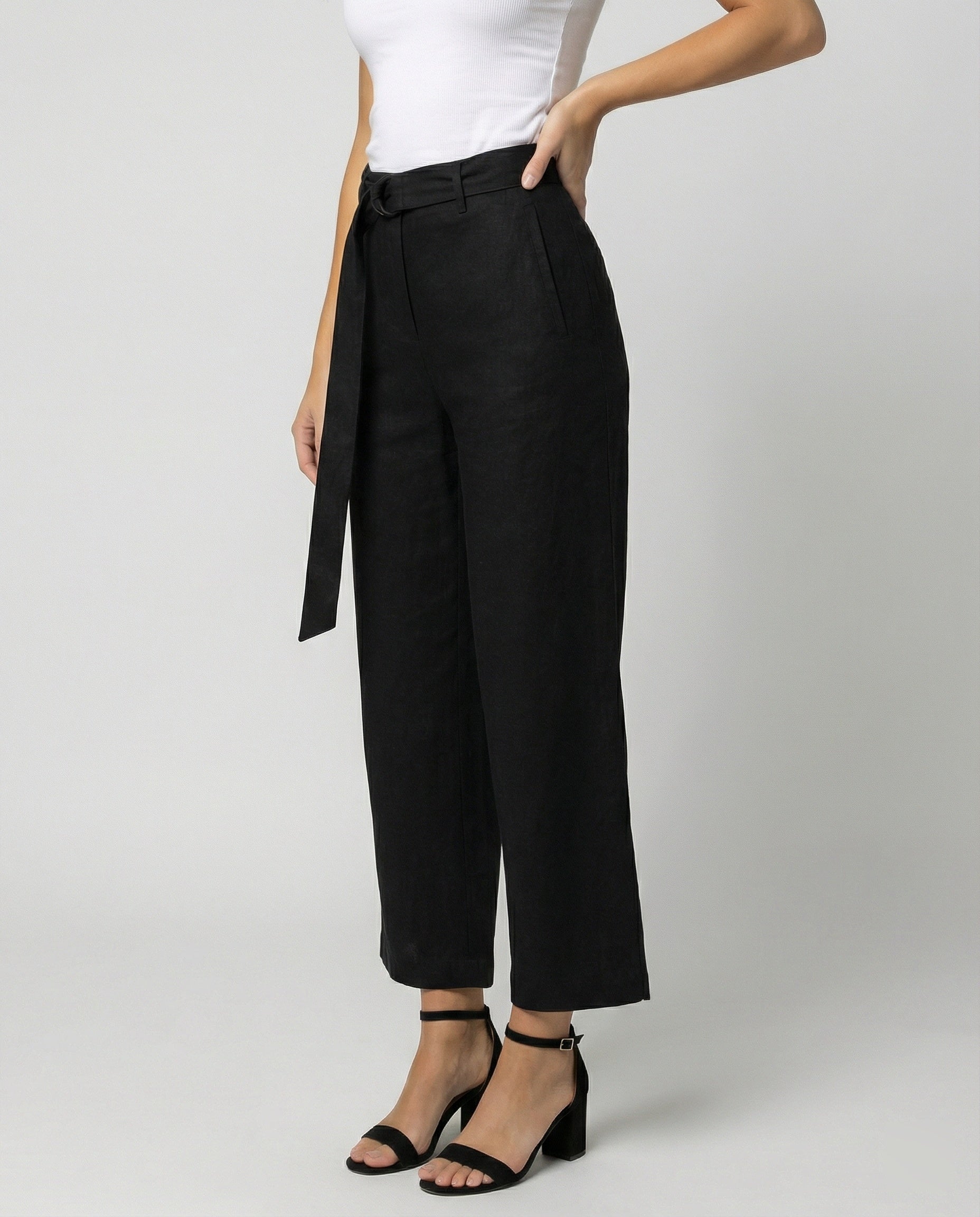 Damen Leinenhose High Waist Schwarz Weitbein - Norvielle