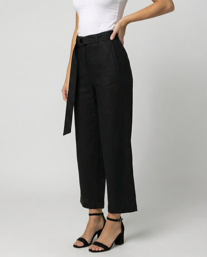 Damen Leinenhose High Waist Schwarz Weitbein - Norvielle