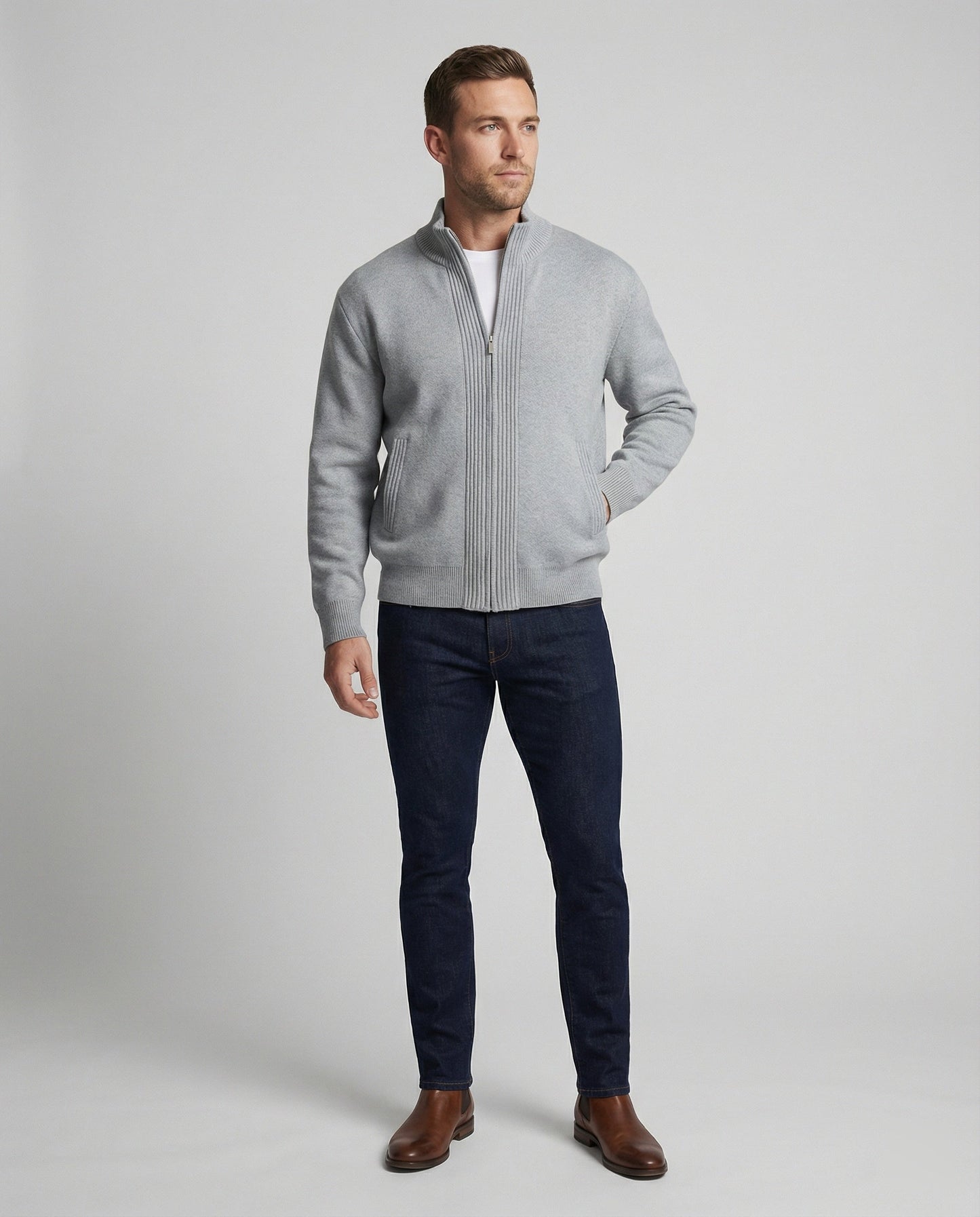 Herren Strickjacke Cardigan Grau Mit Reißverschluss