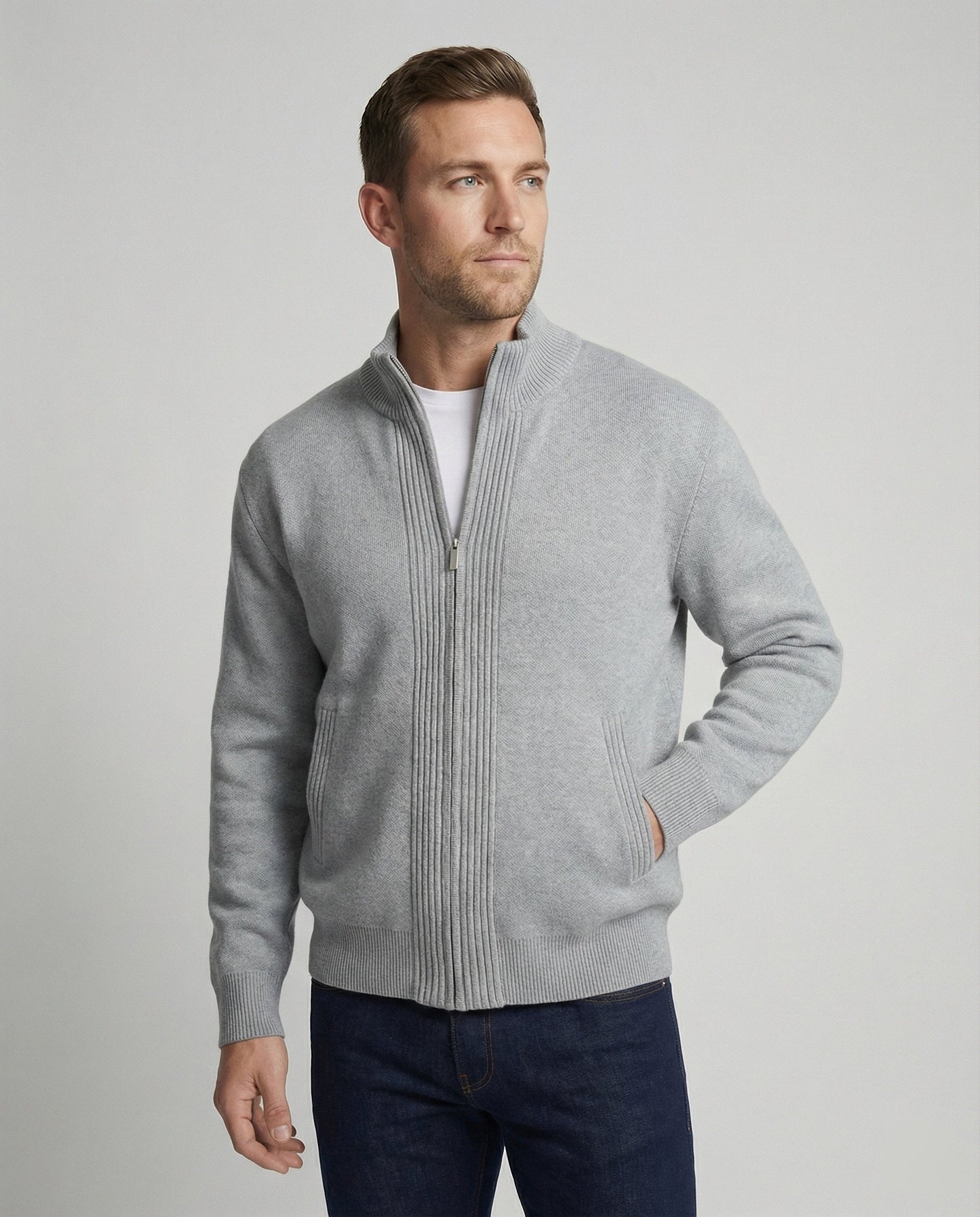 Herren Strickjacke Cardigan Grau Mit Reißverschluss - Norvielle