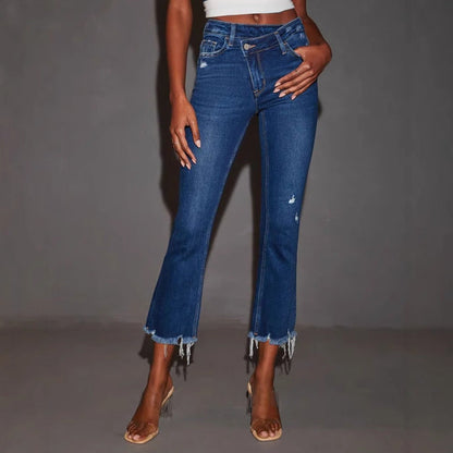 Damenjeans Bootcut mit Fransen Dunkelblau - Norvielle