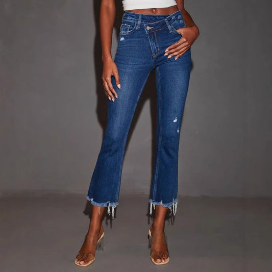 Damenjeans Bootcut mit Fransen Dunkelblau - Norvielle