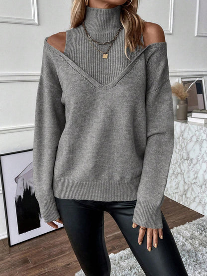 Damen Off-Shoulder Rollkragenpullover Strickweite Frauen