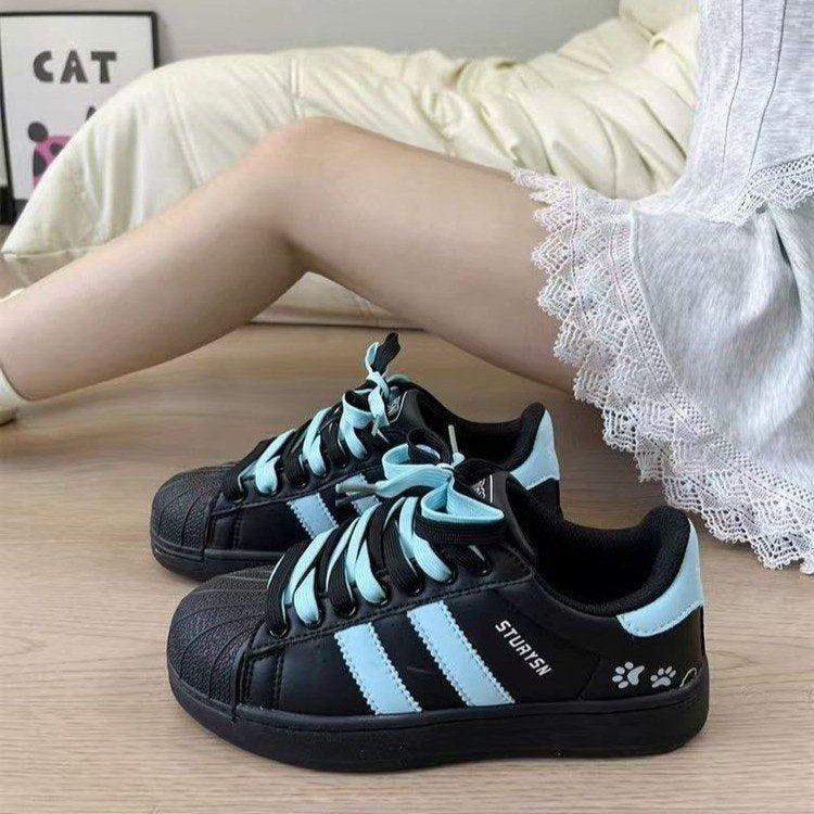 Damen Sneaker Retro Sportlich Schnürsenkel Schwarz - Norvielle