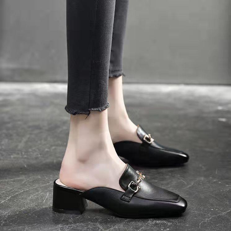 Damen Mules Schuhe Blockabsatz Schnalle