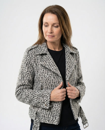 Damen Lederjacke Bikerstyle Tiermuster Schwarz Slim Fit - Norvielle