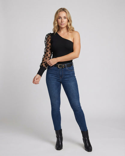 Damen Bodysuit Asymmetrisch Puffärmel Eleganz