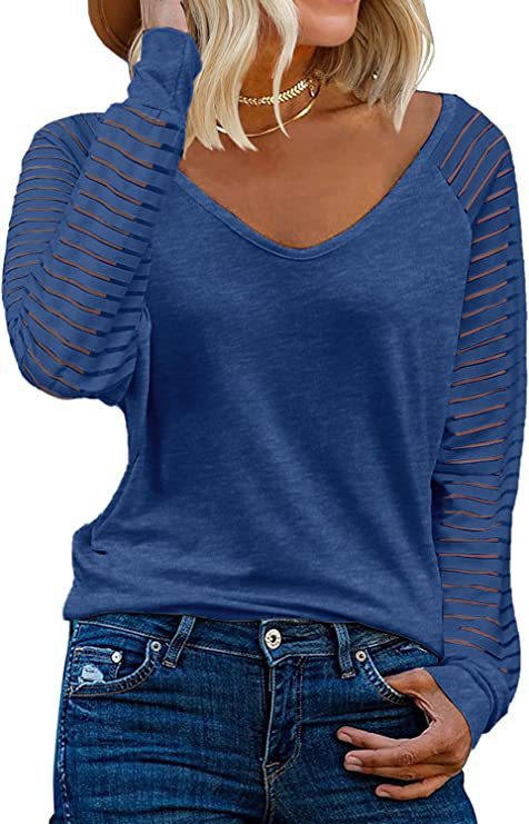Damen V-Ausschnitt Durchsicht Ärmel Trendy