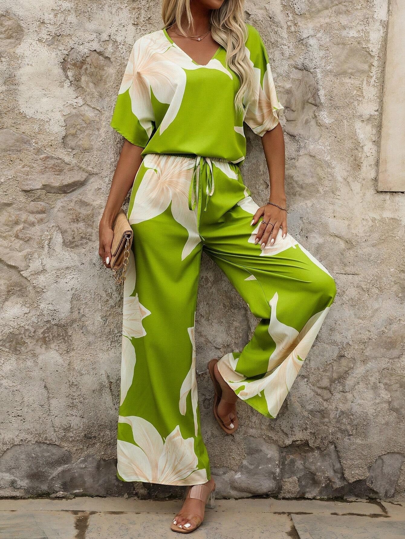 Damen Hosenanzug Elastisch Blumenmuster Modern