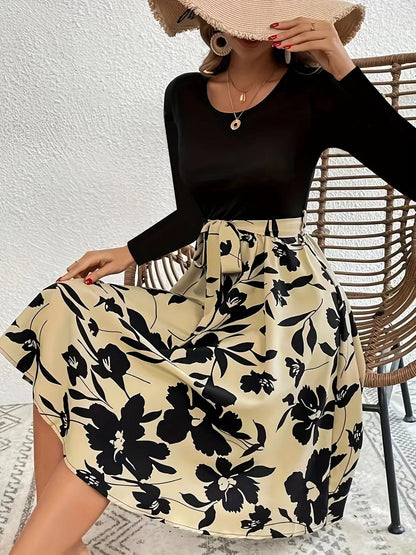 Damen Midikleid Floral Gesmoktes Oberteil