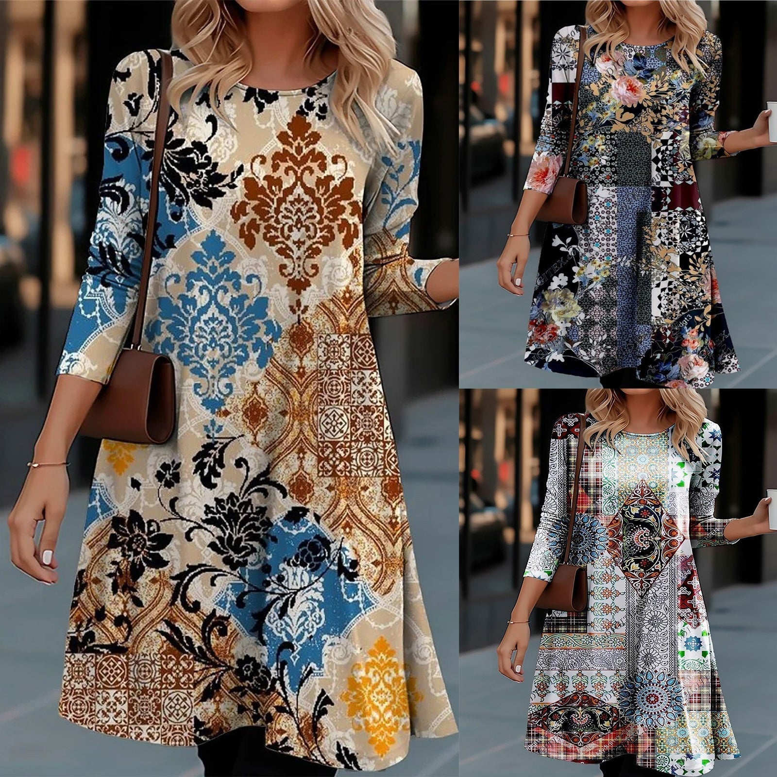 Damen Langarmkleid Farbenfrohes Muster Modern - Norvielle