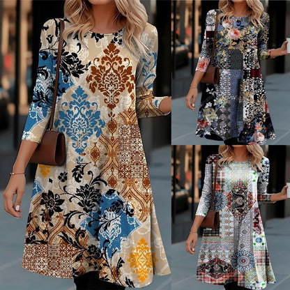Damen Langarmkleid Farbenfrohes Muster Modern - Norvielle