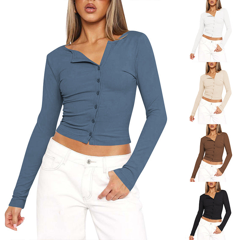 Damen Langarmshirt Figurbetont V-Ausschnitt Elegant - Norvielle
