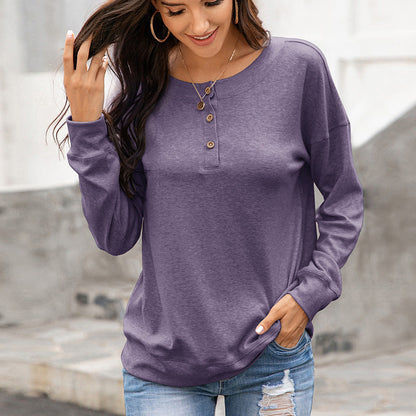 Damen Langarmshirt Rundhals Knöpfe Elegantes Baumwolle Weiß - Norvielle