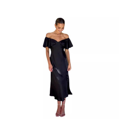 Damen Off-Shoulder Maxikleid Rüschen Elegant Schlitz