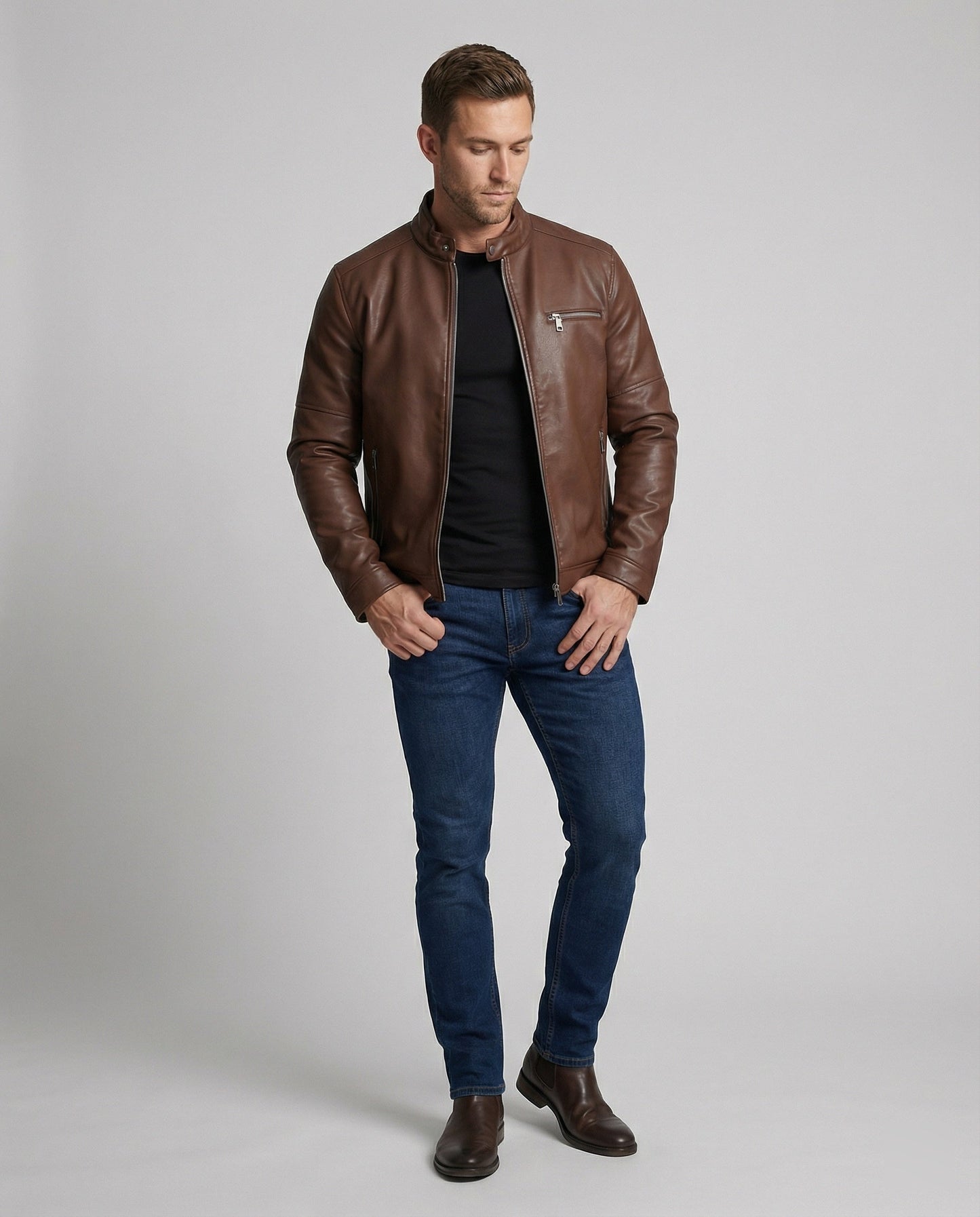 Herren Lederjacke Reißverschluss Ledermantel