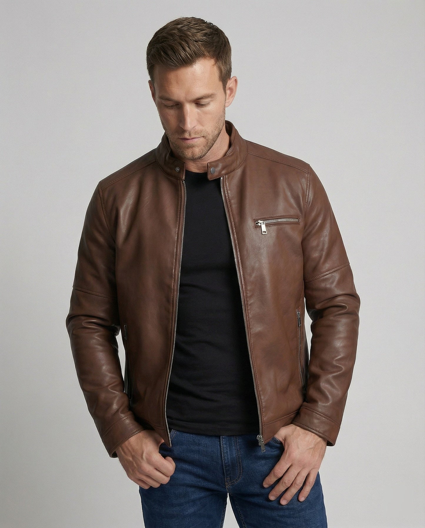 Herren Lederjacke Reißverschluss Schwarz Ledermantel - Norvielle