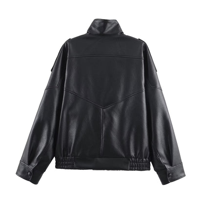 Damen Lederjacke Modern Kragen Taschen