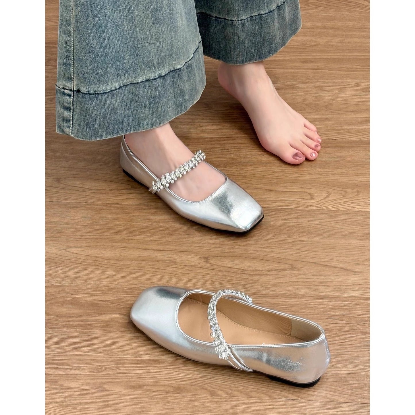 Damen Ballerinas Bequem Mit Riemen Glitzer