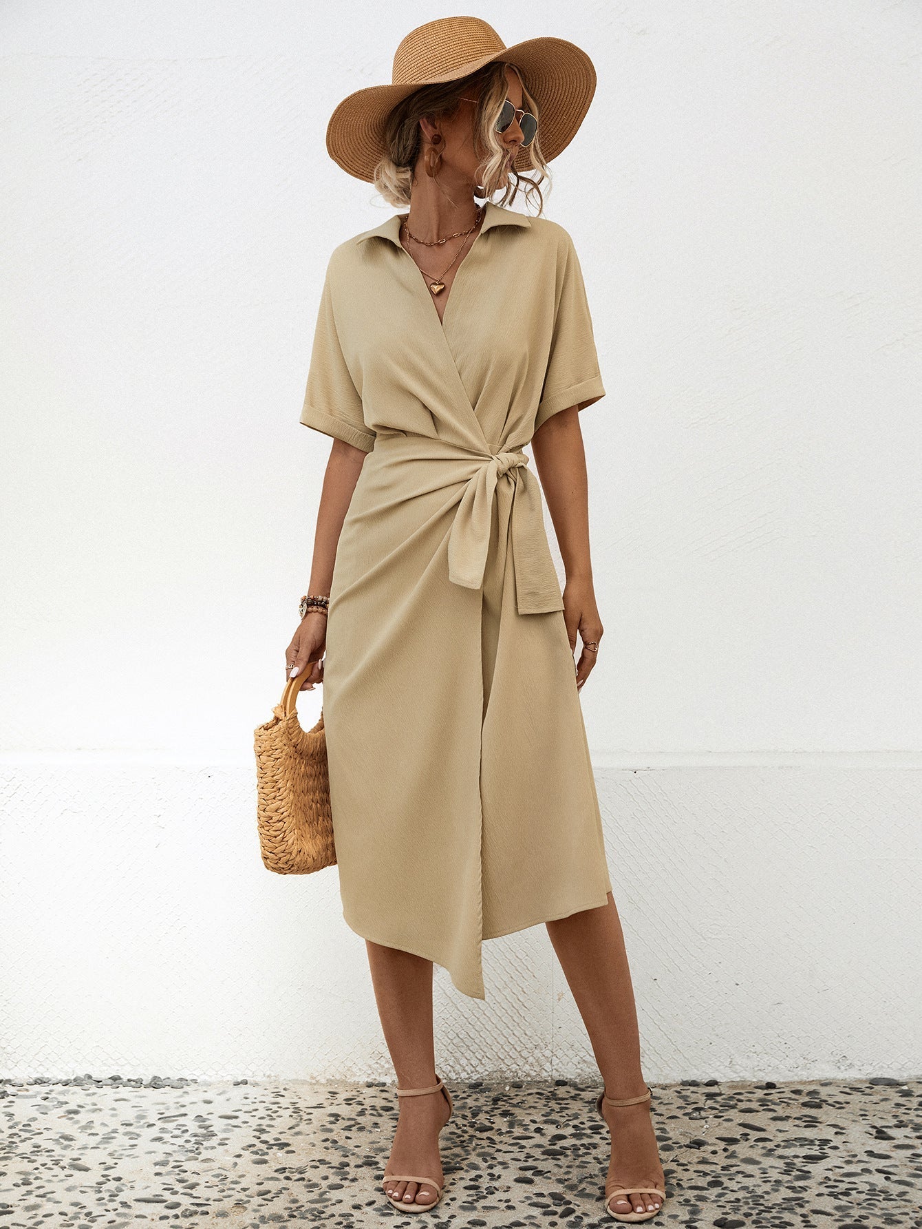Damen Wickelkleid Kragen Gürtel Elegantes Design