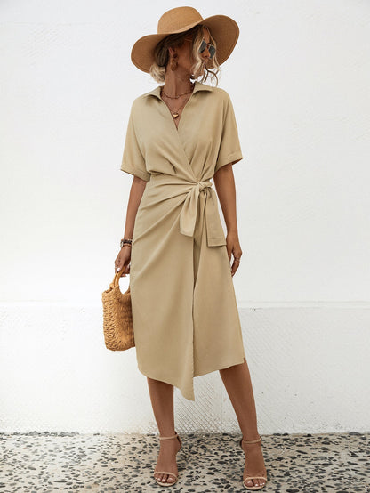 Damen Wickelkleid Kragen Gürtel Elegantes Design