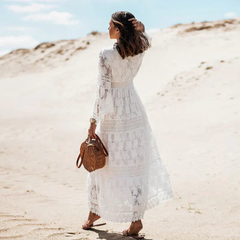 Damen Maxi-Kleid Langarm Boho-Stil Sommer