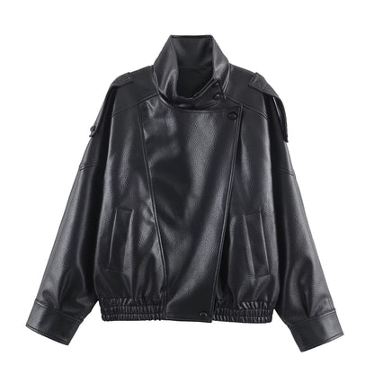 Damen Lederjacke Modern Kragen Taschen Schwarz - Norvielle