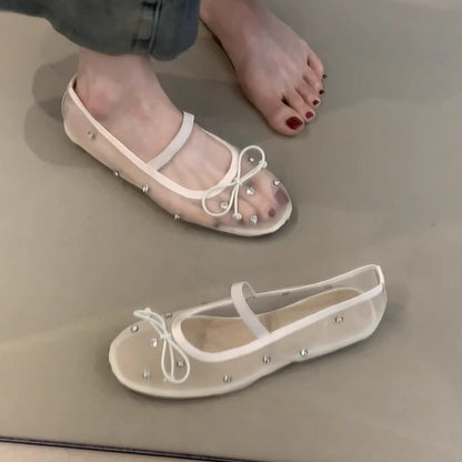 Damen Ballerinas Transparent mit Perlen Schmuck