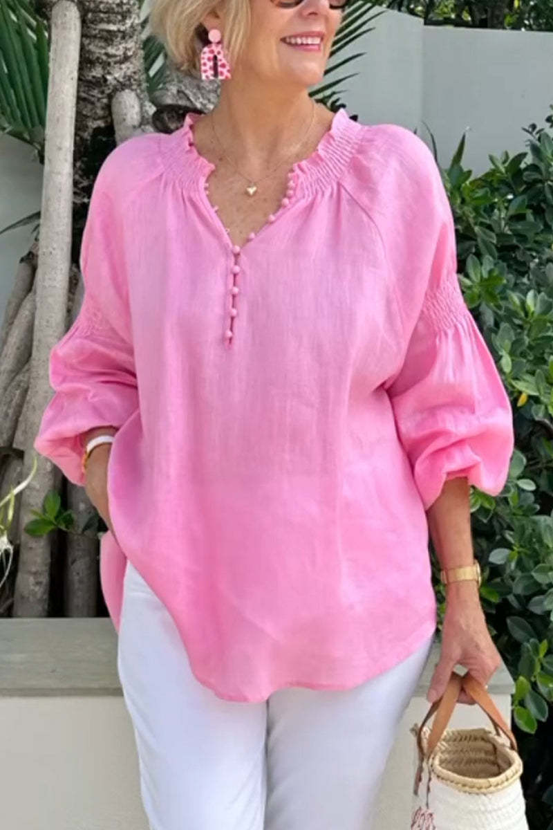 Damen Bluse Elastisch Puffärmel Mit Knöpfen