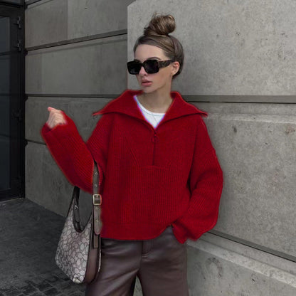 Damen Rippstrickpullover Weich Warm Reißverschluss Lässig