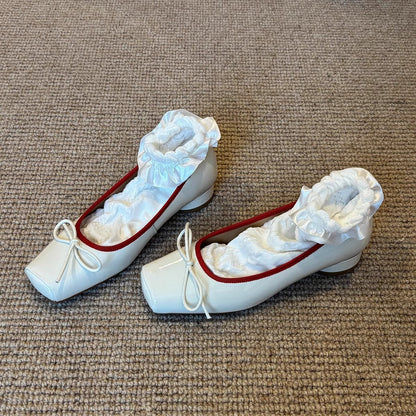Damen Ballerinas Glänzend Spitze mit Schleife