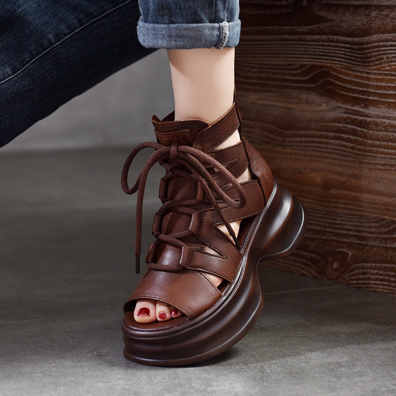 Damen Plateau Sandalen Leder Schnürsystem Schwarz Modern - Norvielle