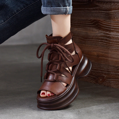 Damen Plateau Sandalen Leder Schnürsystem Schwarz Modern - Norvielle