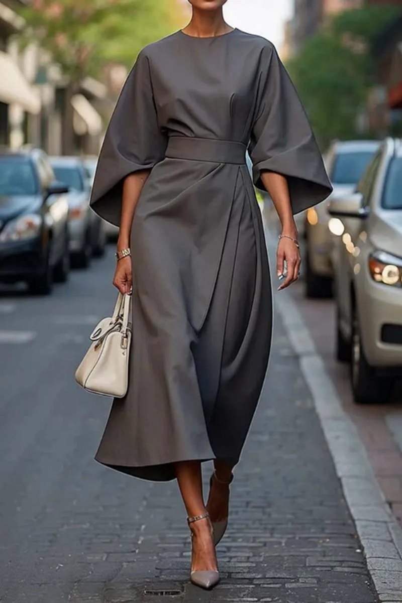 Damen Midikleid Puffärmel Elegant