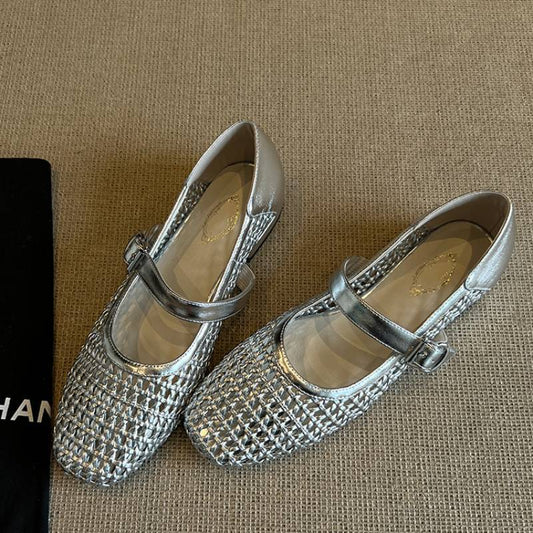 Damen Ballerinas Geflochtene Oberfläche Geschlossene Riemen Schuhe - Norvielle