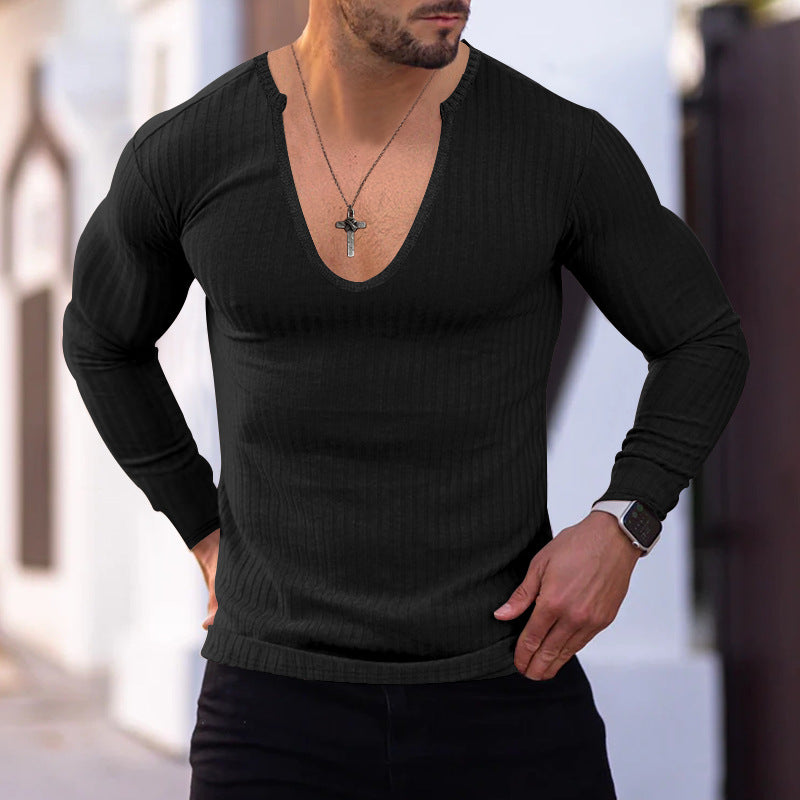 Herren Langarm-Shirt V-Ausschnitt Strukturiert