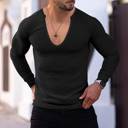 Herren Langarm-Shirt V-Ausschnitt Strukturiert