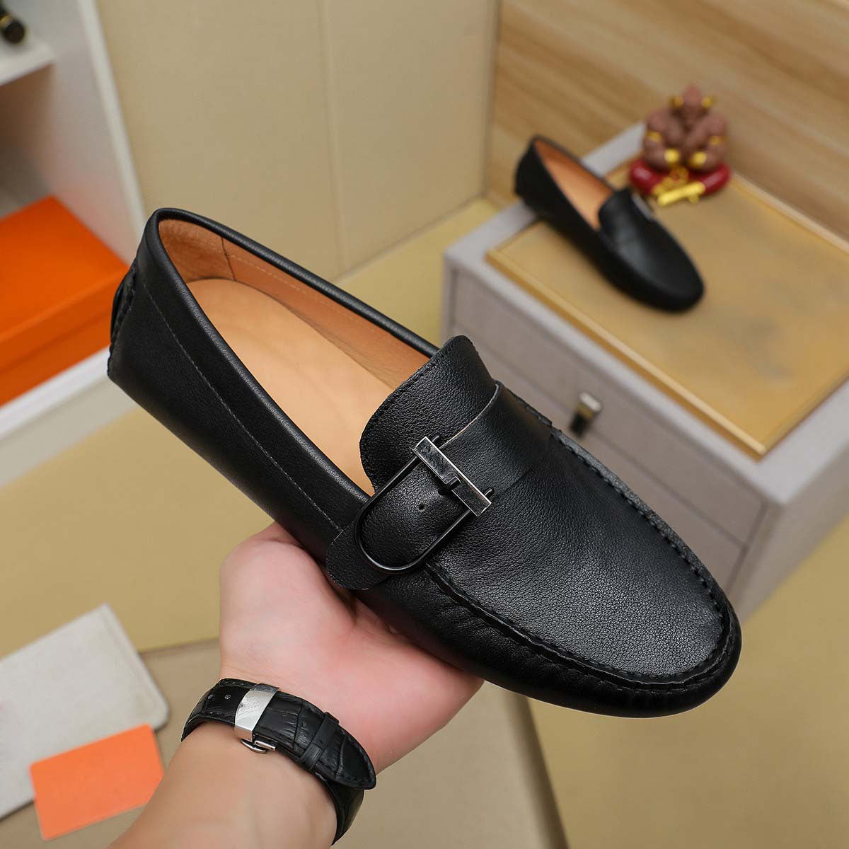 Herren Mokassins Leder Schnalle Modern