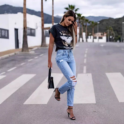 Damen High Waist Jeans Zerrissene Destroyed Style