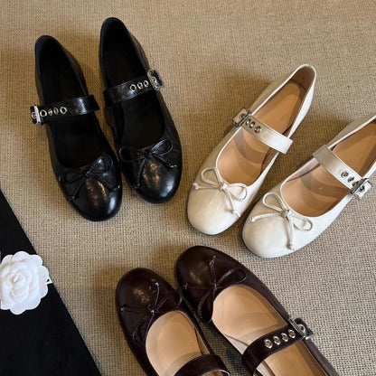 Damen Ballerinas mit Schleifen Detail und Riemenverschluss Schwarz - Norvielle