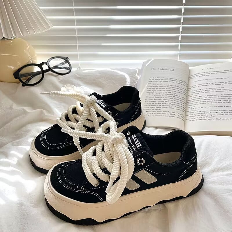 Damen Chunky Sneaker Weite Passform Schnürsenkel Modisch Schwarz - Norvielle