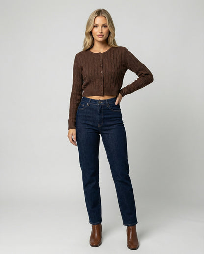 Damen Cardigan Zopfmuster Rundhals Kurz Figurbetonter