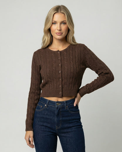 Damen Cardigan Zopfmuster Rundhals Kurz Figurbetonter - Norvielle