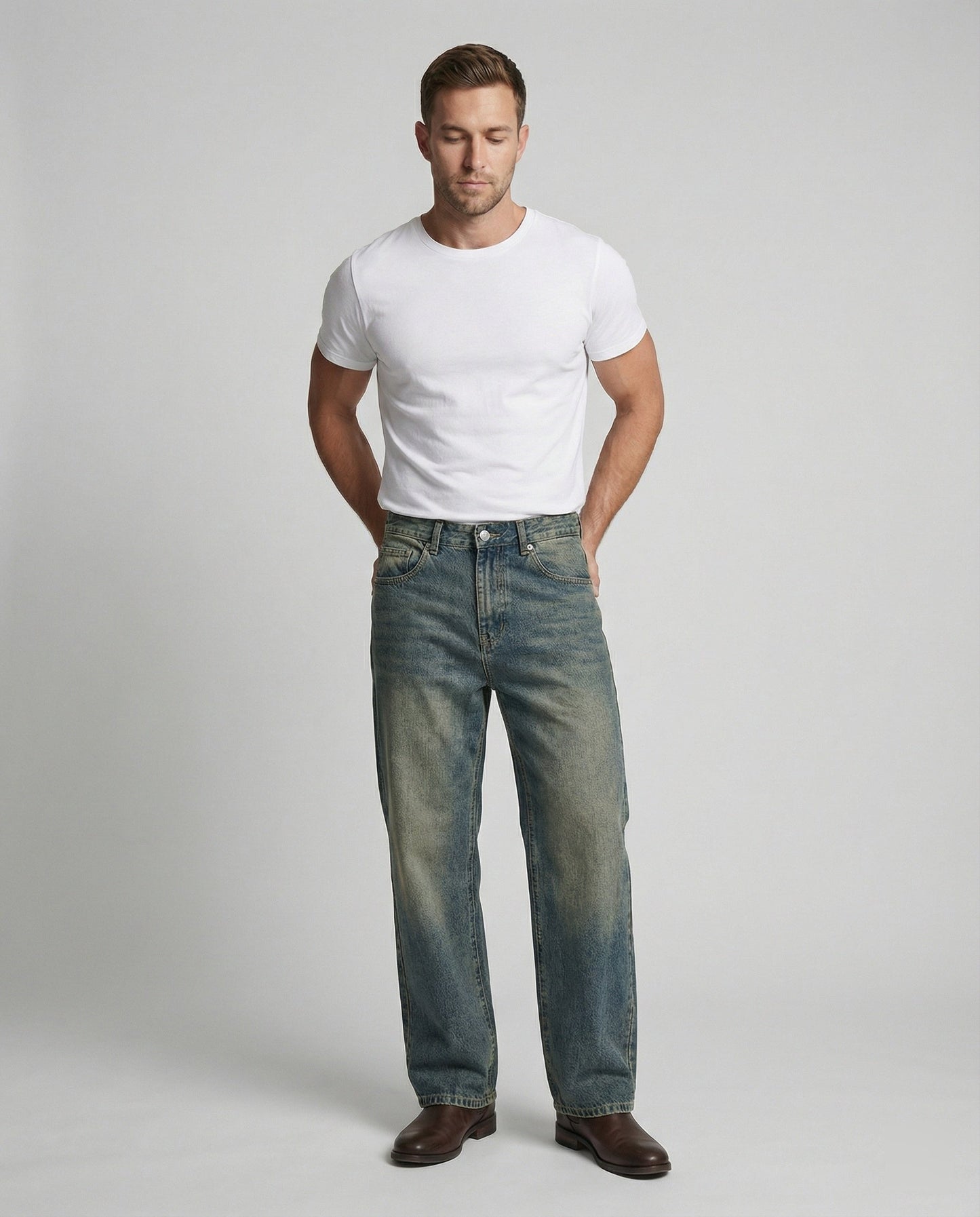 Herren Straight-Leg-Jeans Blau Gewaschenes Denim