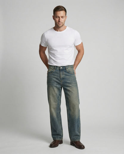 Herren Straight-Leg-Jeans Blau Gewaschenes Denim