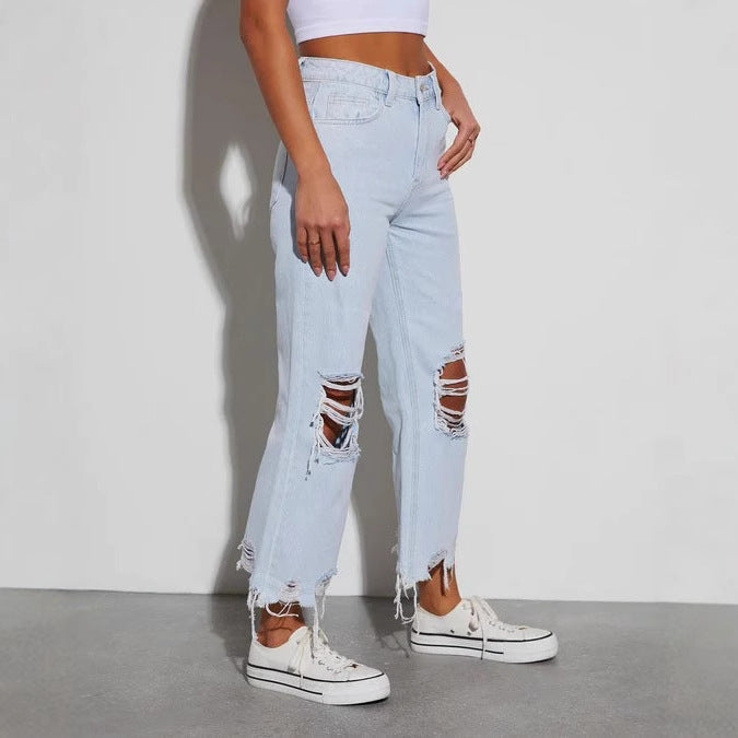 Damen Ripped Mom Jeans Rippen-Details Blau