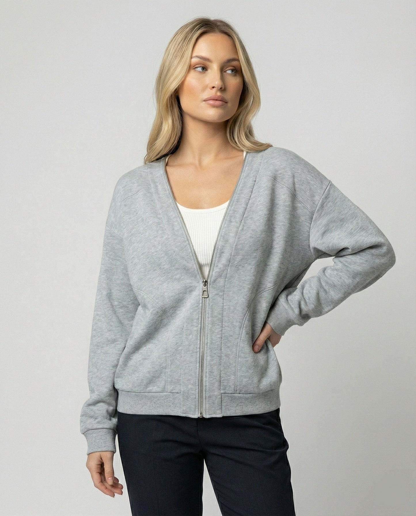 Damen Sweatjacke V-Ausschnitt Grau Kapuzenlos - Norvielle