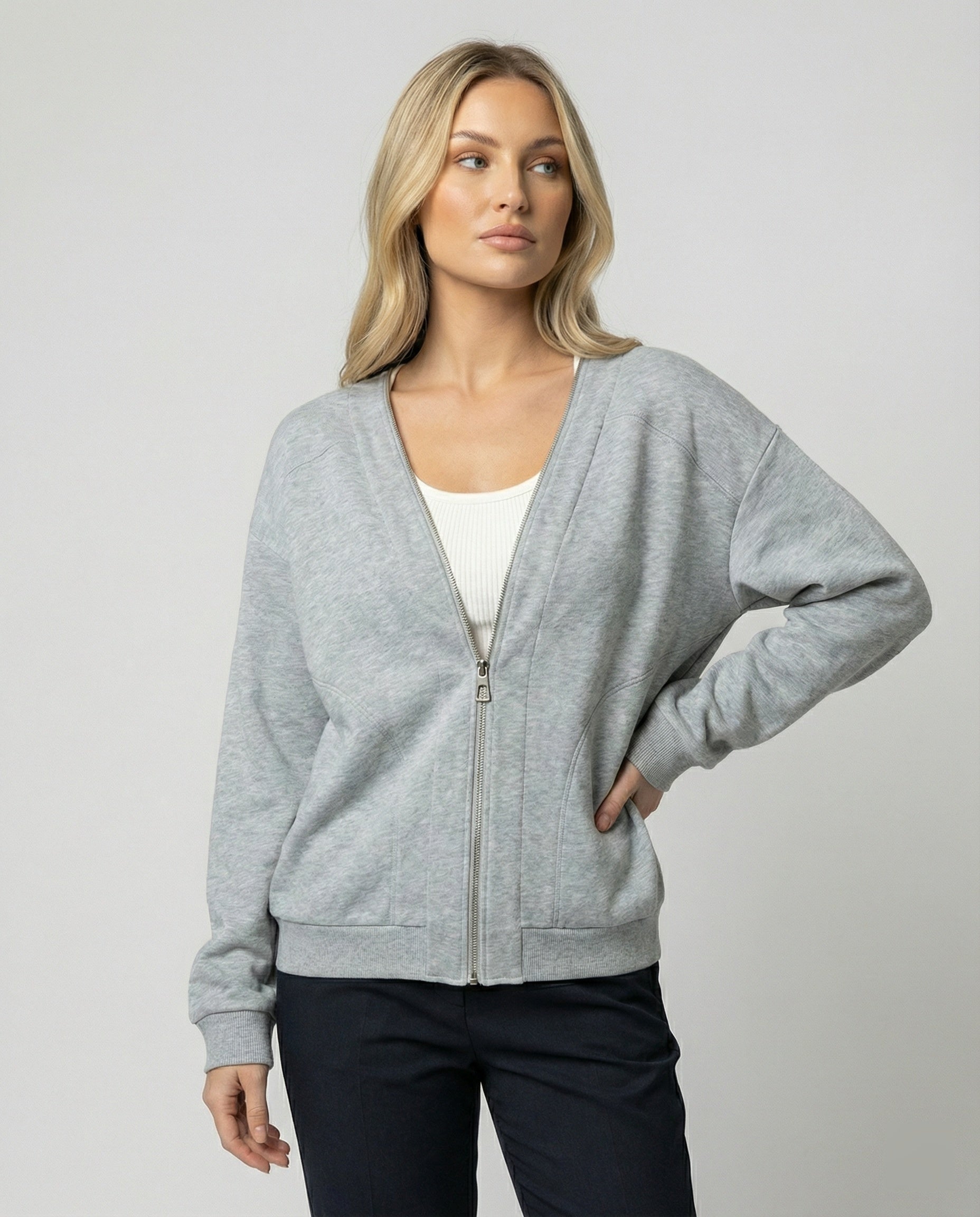 Damen Sweatjacke V-Ausschnitt Grau Kapuzenlos - Norvielle