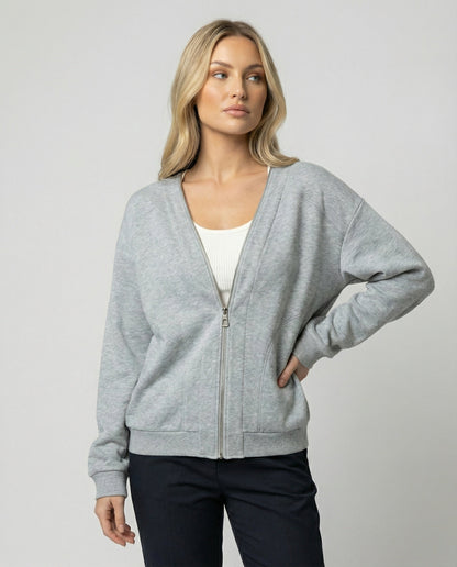 Damen Sweatjacke V-Ausschnitt Grau Kapuzenlos - Norvielle