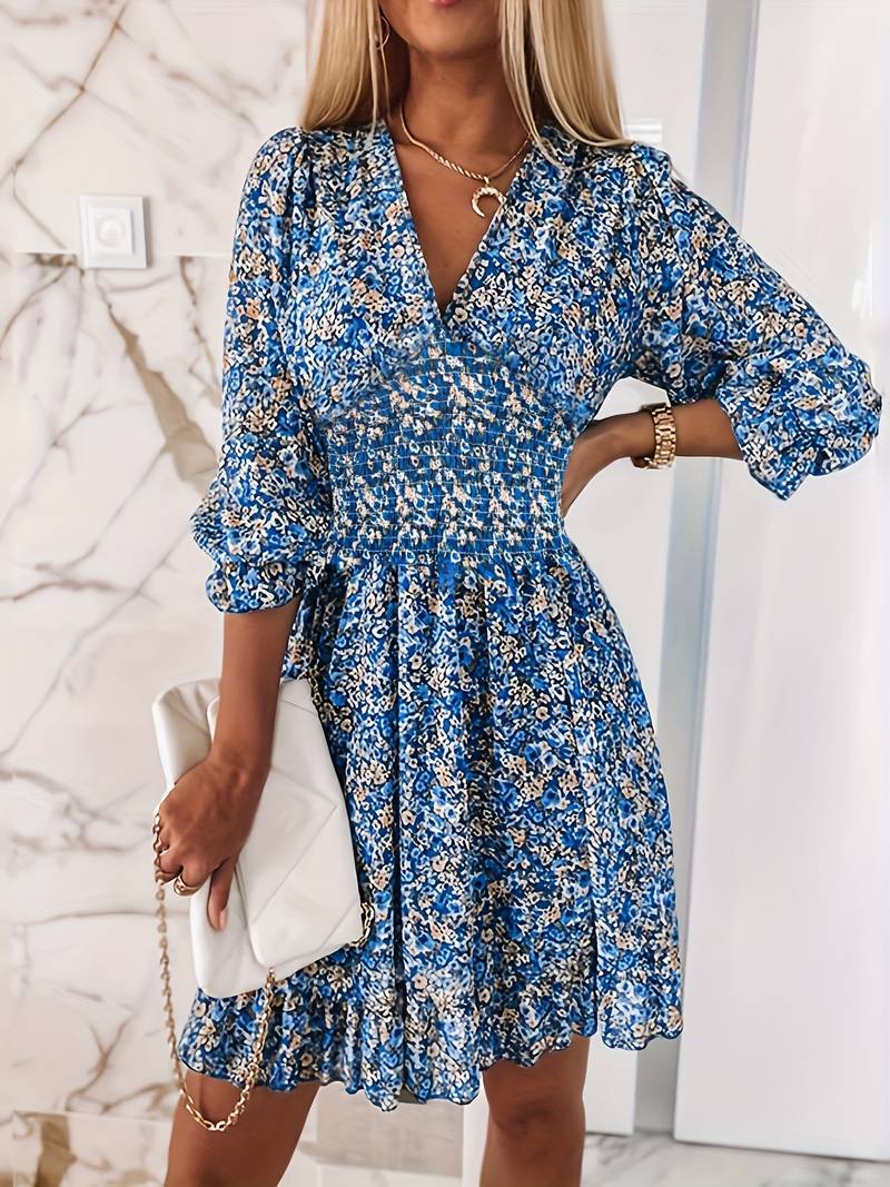 Damen Sommerkleid Blumenmuster V-Ausschnitt Puffärmel